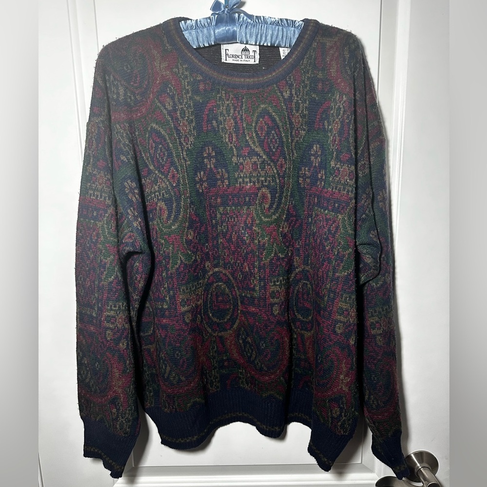Florence Tricot Vintage 90s Multicolor Paisley Wool Sweater Knitted in Italy